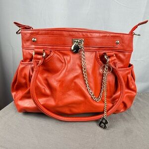 Orange Slouchy Satchel Bag Chain Detail Lock Charm Shoulder Bag Y2K Style